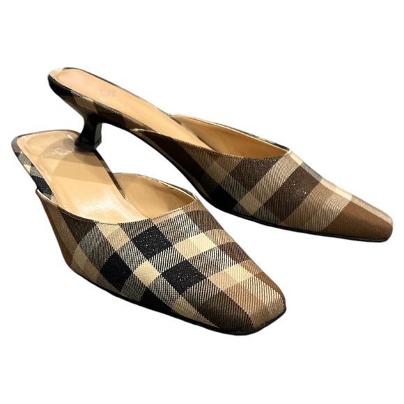 Tan brown black plaid mule 1 3/4” heel high vamp snipped toe 7.5 Anne Klein 2 - Picture 2 of 7